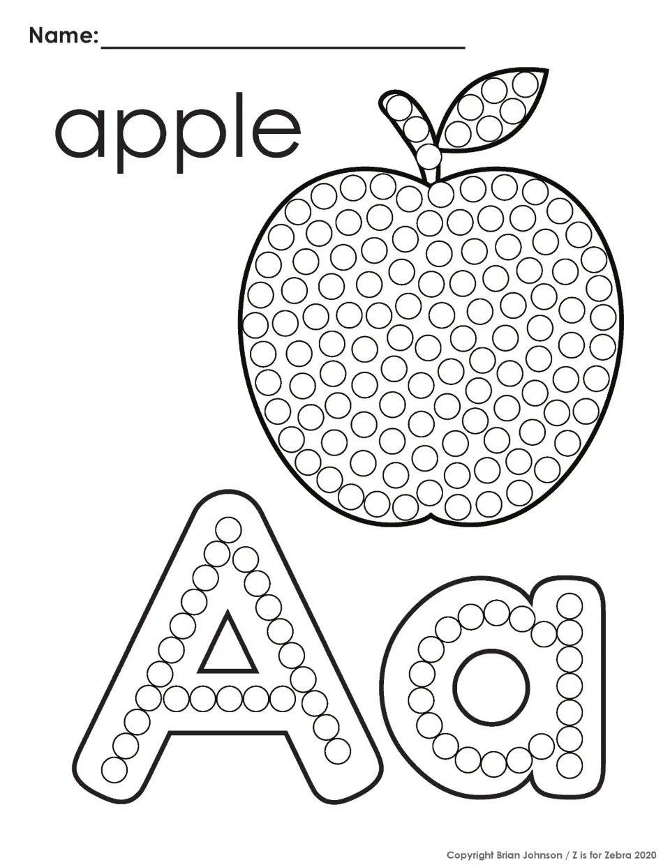 Letter A q-tip painting: students dab paint in the dots of an apple and of uppercase A and lowercase a