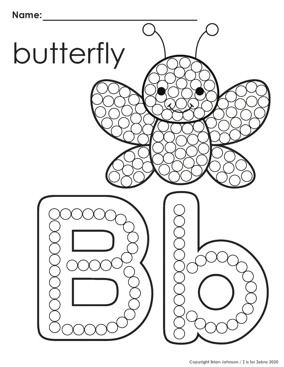 Letter B q-tip painting: students dab paint in the dots of a smiling butterfly and the letters B and b