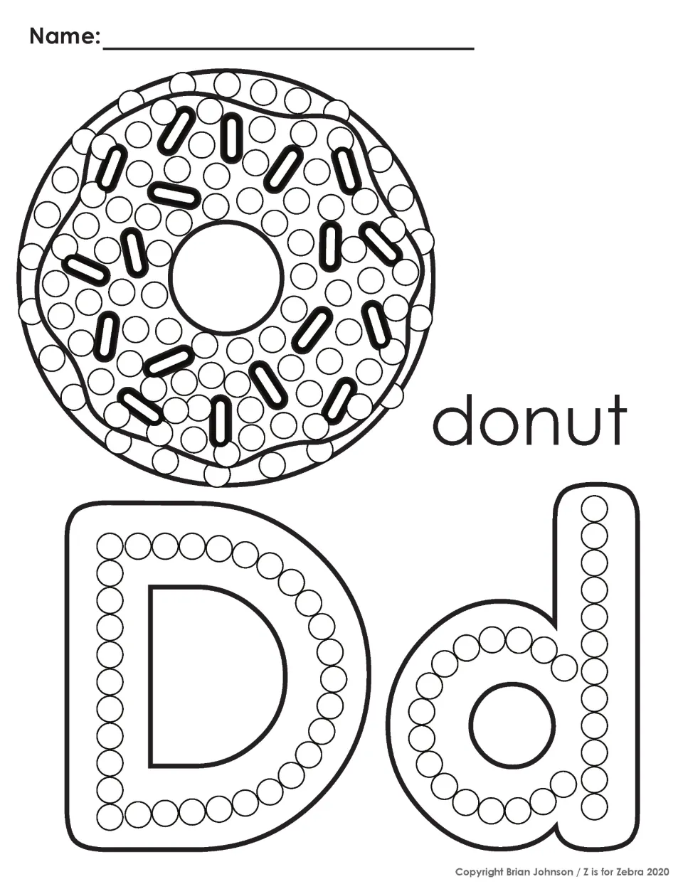 Letter D q-tip painting: students dab paint on a sprinkled donut and in the dotted letters D and d