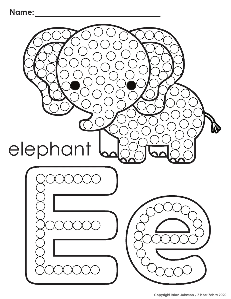 Letter E q-tip painting: students paint the dots of an elephant and trace uppercase E and lowercase e with dabs