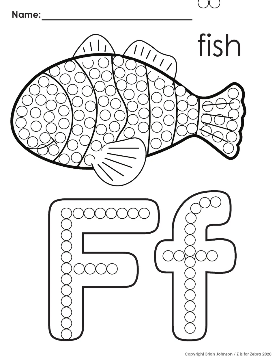 Letter F q-tip painting: students dab each dot on a striped fish, then along uppercase F and lowercase f