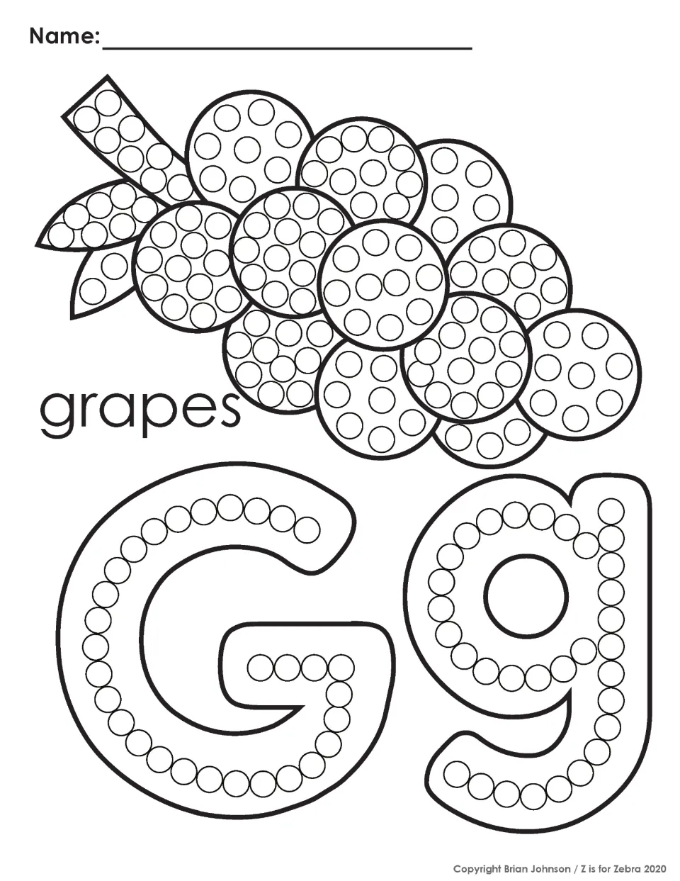 Letter G q-tip painting: students paint dots on a bunch of grapes and along the letters G and g