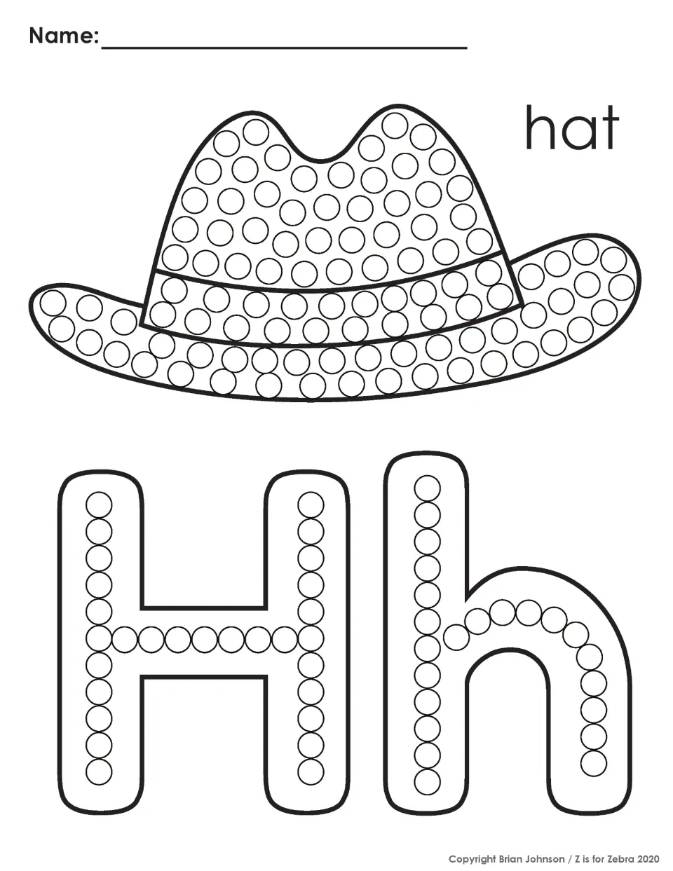 Letter H q-tip painting: students dab paint in the dots of a hat, then follow the dot paths in H and h