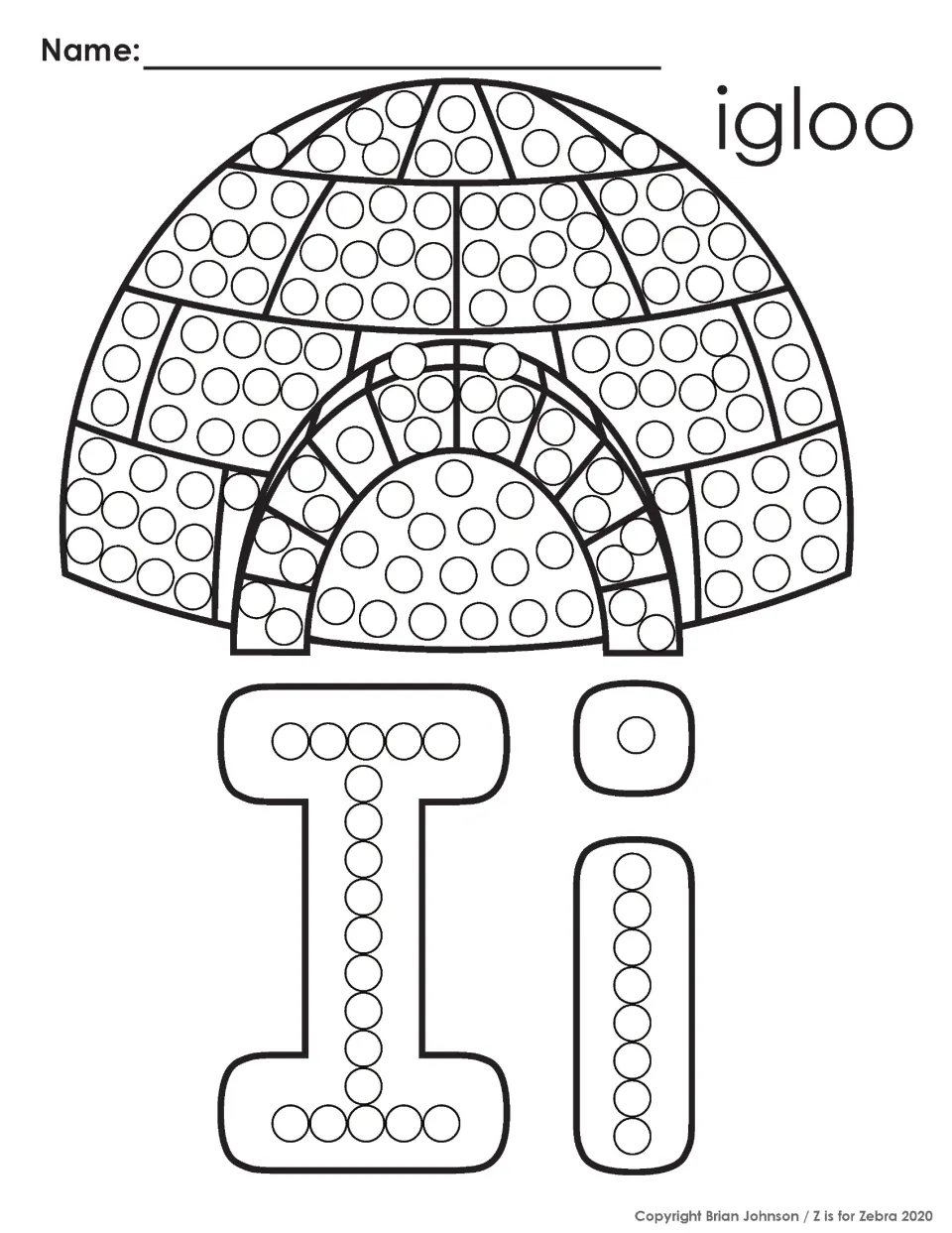 Letter I q-tip painting: students fill the dots on an igloo and along uppercase I and dotted lowercase i