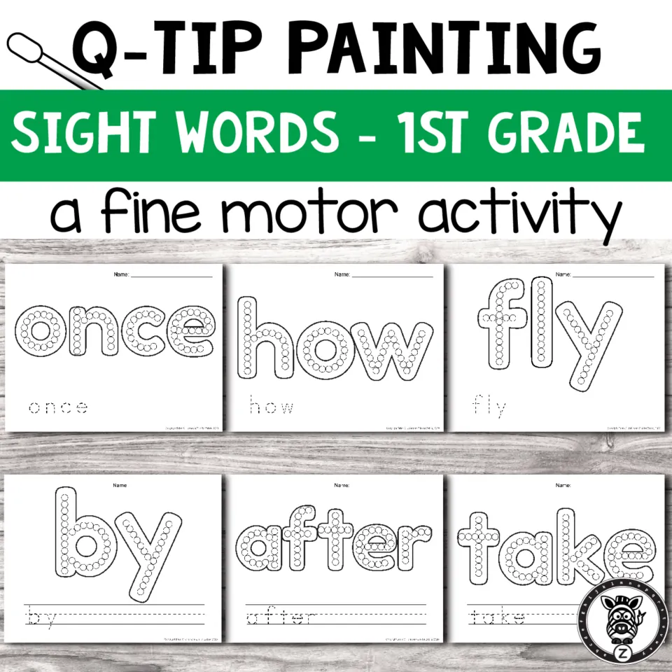 Q-tip painting cover for 1st grade sight words, a fine motor activity, showing pages for once, how, fly, by, after, take