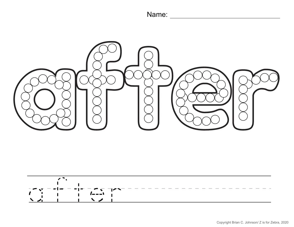 Sight word after: students dab a paint dot in each circle of the large bubble letters, then trace the dashed word below