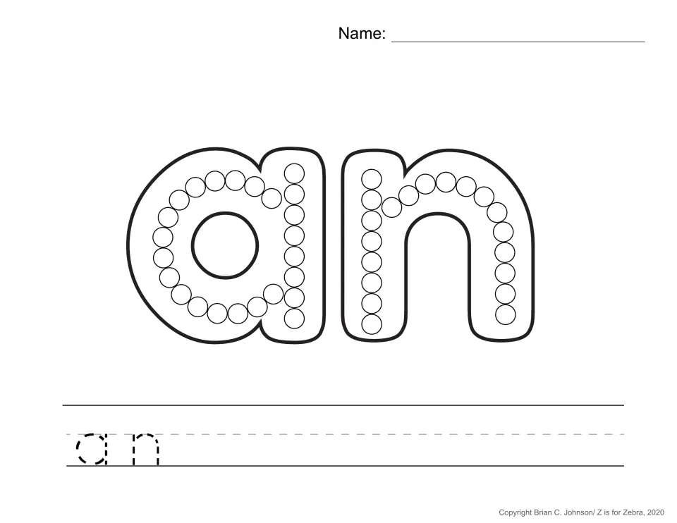 Sight word an: students fill the circles in the two bubble letters with Q-tip paint dots, then trace the dashed a and n