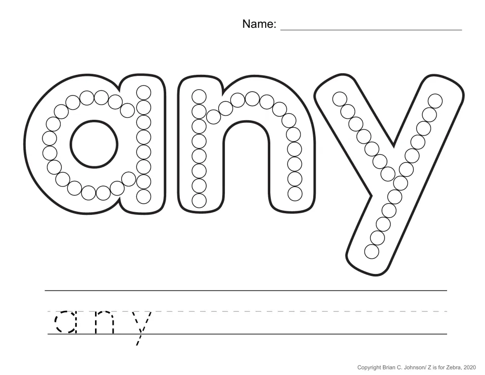 Sight word any: learners dot paint into each circle of the letters a, n and y, then trace the word in dashed print below