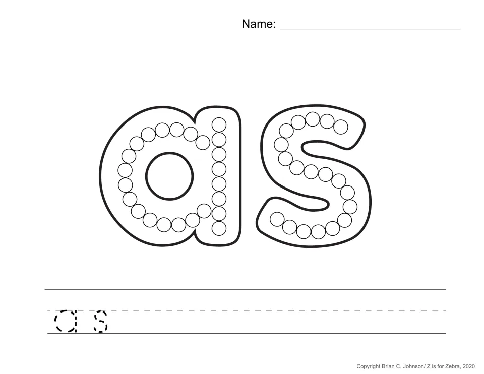 Sight word as: students paint a dot in each circle of the bubble letters a and s, then trace the dashed copy of the word