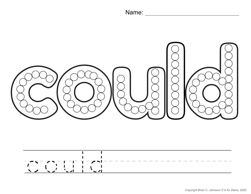 Sight word could: children paint dots in the circles of all five bubble letters, then trace the dashed letters c-o-u-l-d