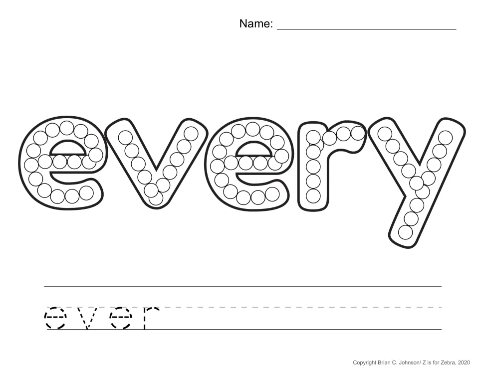 Sight word every in dot-filled bubble letters for Q-tip painting; the dashed word to trace below reads ever, not every