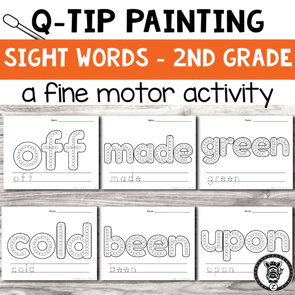 Cover for second-grade sight word Q-tip painting, showing sample words off, made, green, cold, been, and upon