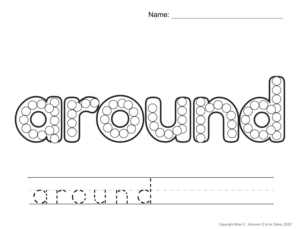 Sight word around practice page for Q-tip painting, with circles inside the letters and a traceable word