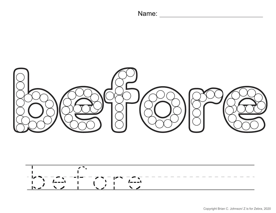 Sight word before practice page for Q-tip painting, with circles inside the letters and a traceable word