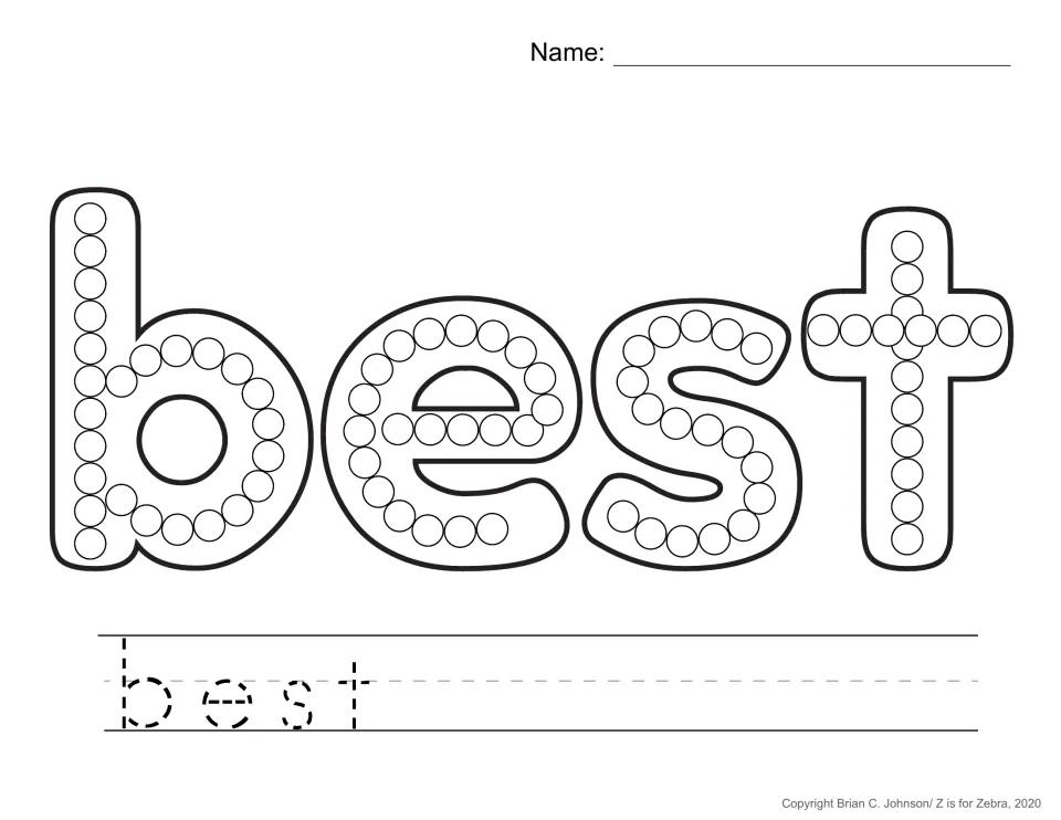 Sight word best practice page for Q-tip painting, with circles inside the letters and a traceable word