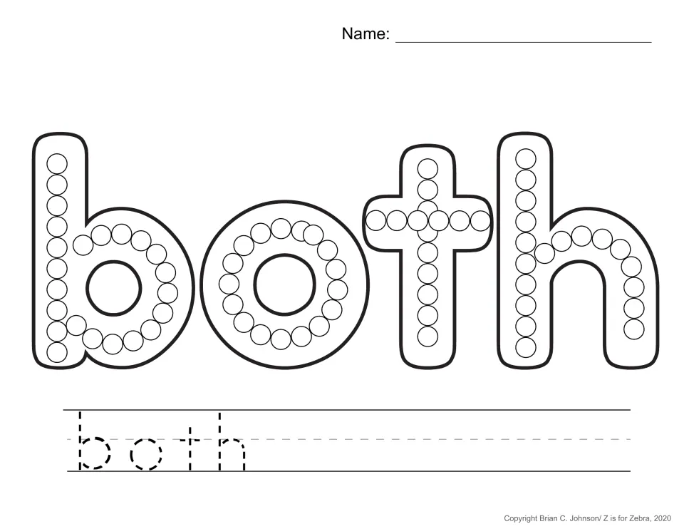 Sight word both practice page for Q-tip painting, with circles inside the letters and a traceable word
