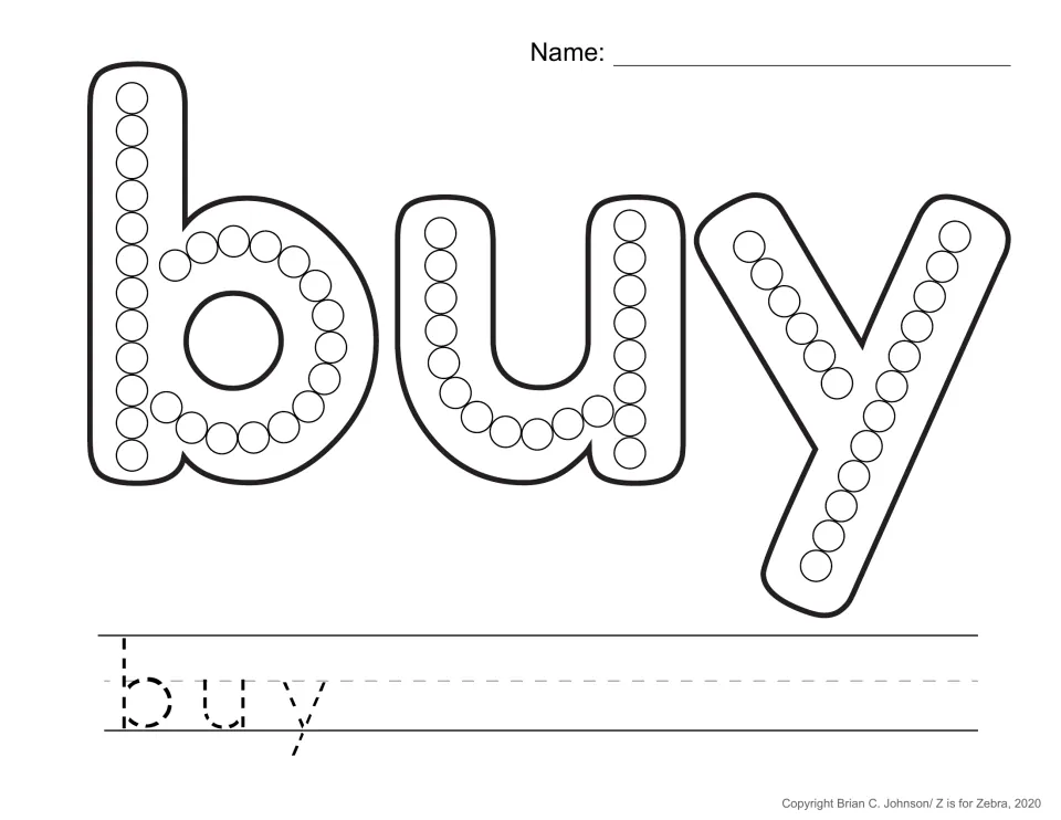 Sight word buy practice page for Q-tip painting, with circles inside the letters and a traceable word
