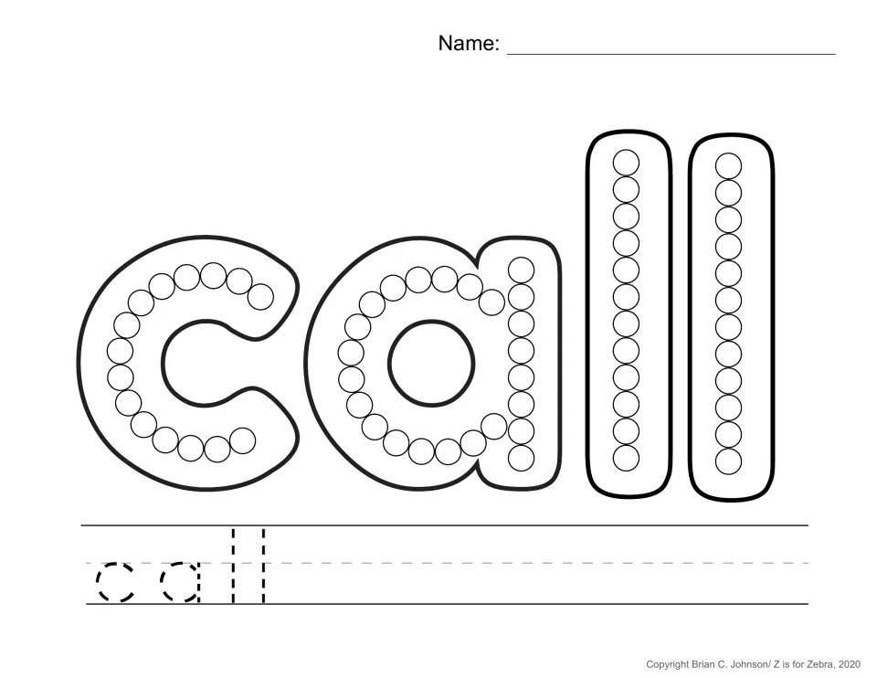 Sight word call practice page for Q-tip painting, with circles inside the letters and a traceable word