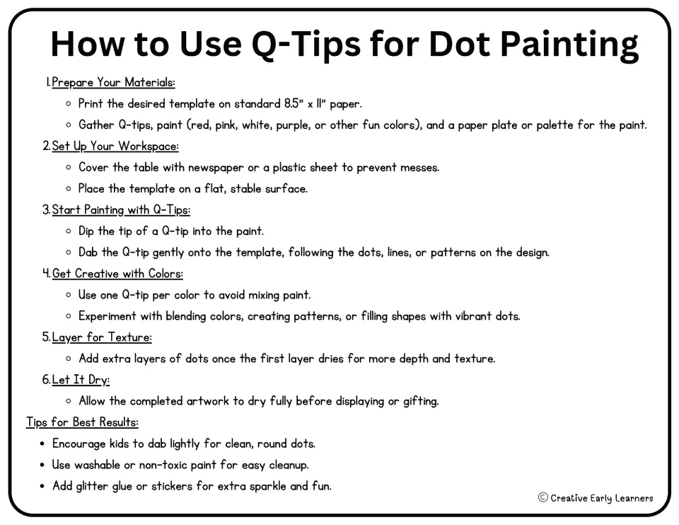 Q-tip dot-painting directions cover materials, workspace setup, painting, color choices, layering, and drying.