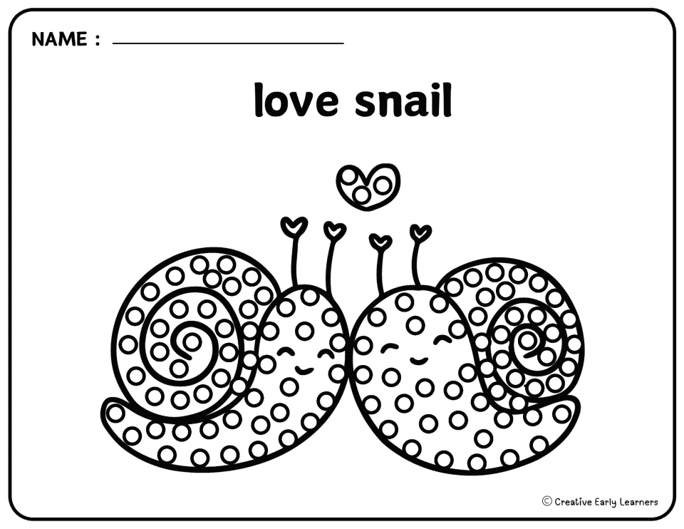 Valentine's Day Q-tip painting template labeled 'love snail' shows two snails with circles to dab with paint.