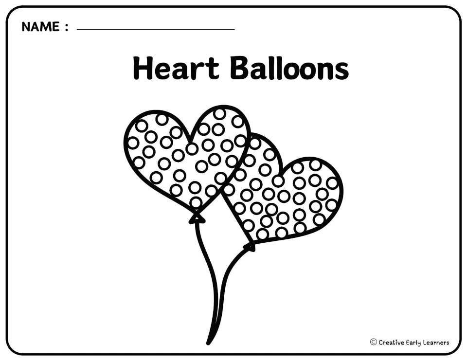 Valentine's Day Q-tip painting template labeled 'Heart Balloons' has two heart-shaped balloons to dot with paint.