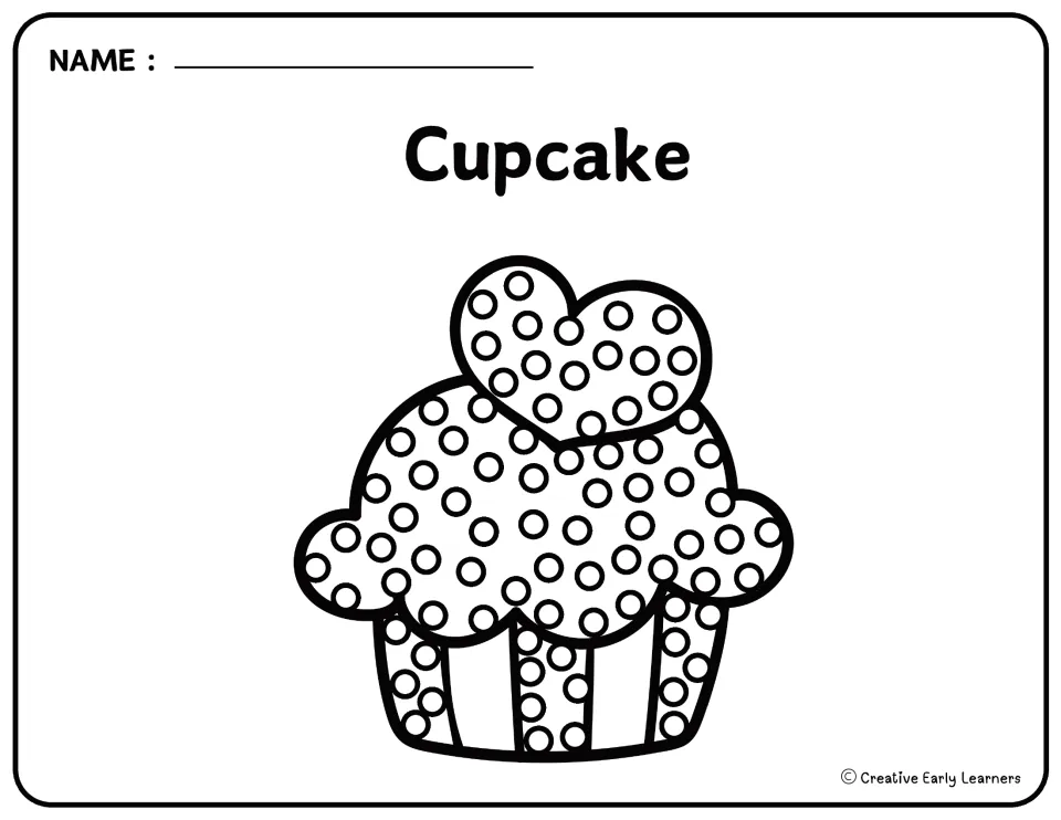 Valentine's Day Q-tip painting template labeled 'Cupcake' shows a heart-topped cupcake with circles to paint.