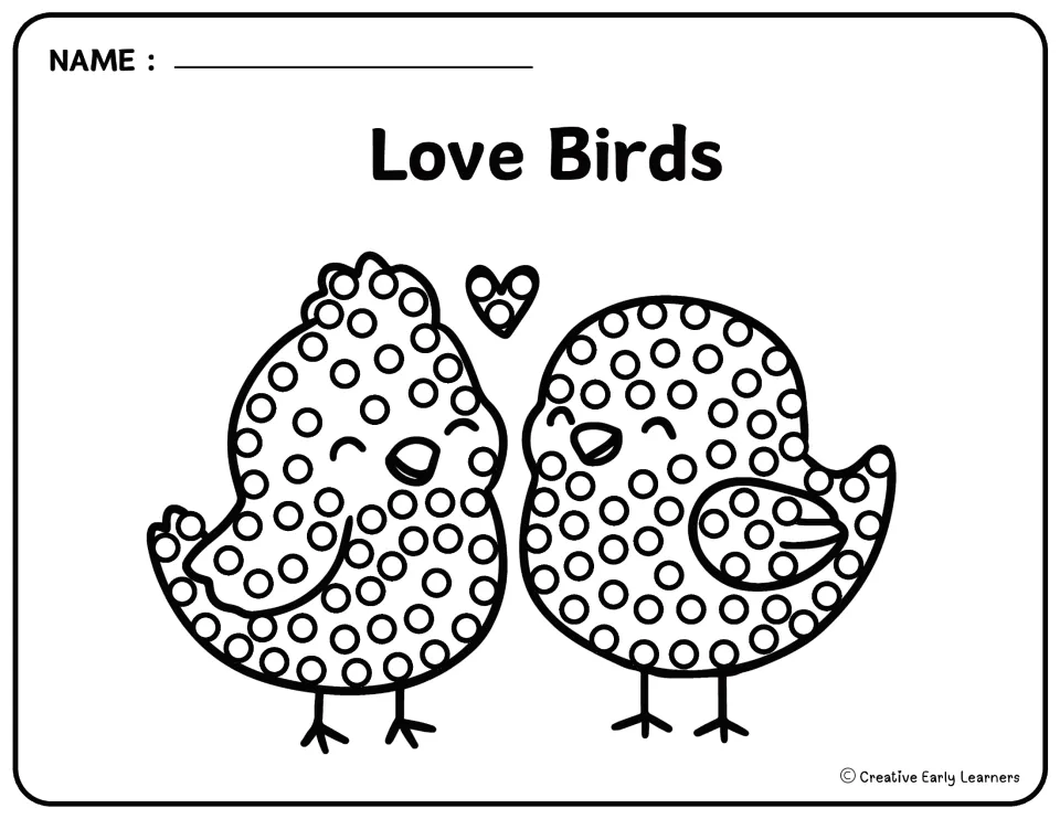 Valentine's Day Q-tip painting template labeled 'Love Birds' shows two birds with circles to dab with paint.