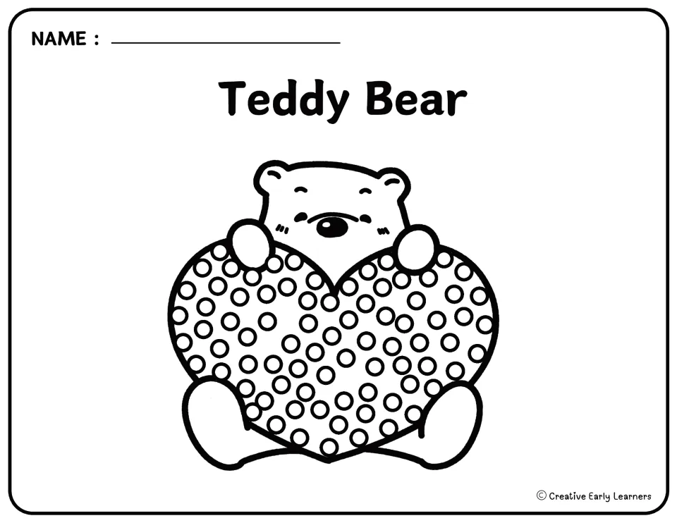 Valentine's Day Q-tip painting template labeled 'Teddy Bear' shows a bear holding a heart filled with circles.