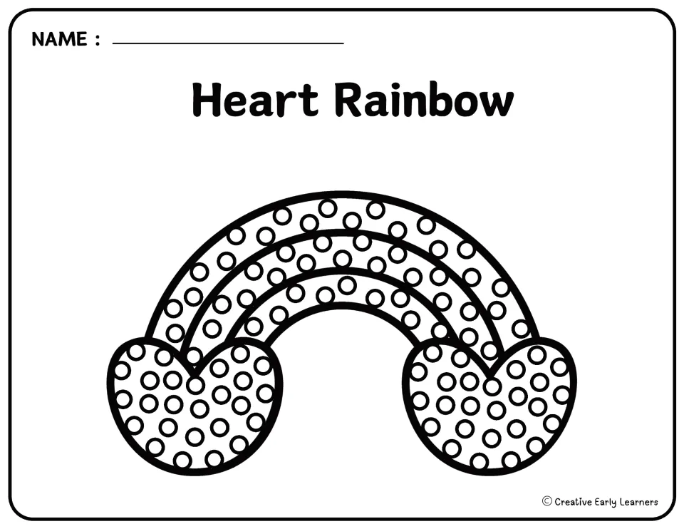 Valentine's Day Q-tip painting template labeled 'Heart Rainbow' shows a rainbow ending in two dotted hearts.