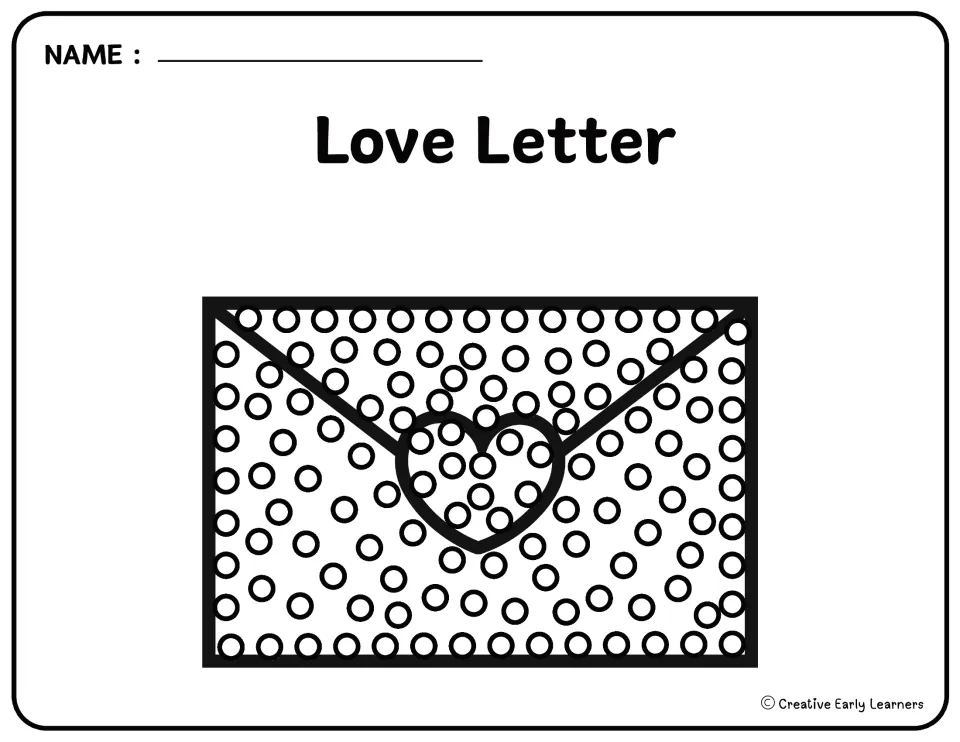 Valentine's Day Q-tip painting template labeled 'Love Letter' shows an envelope with a heart and paint circles.