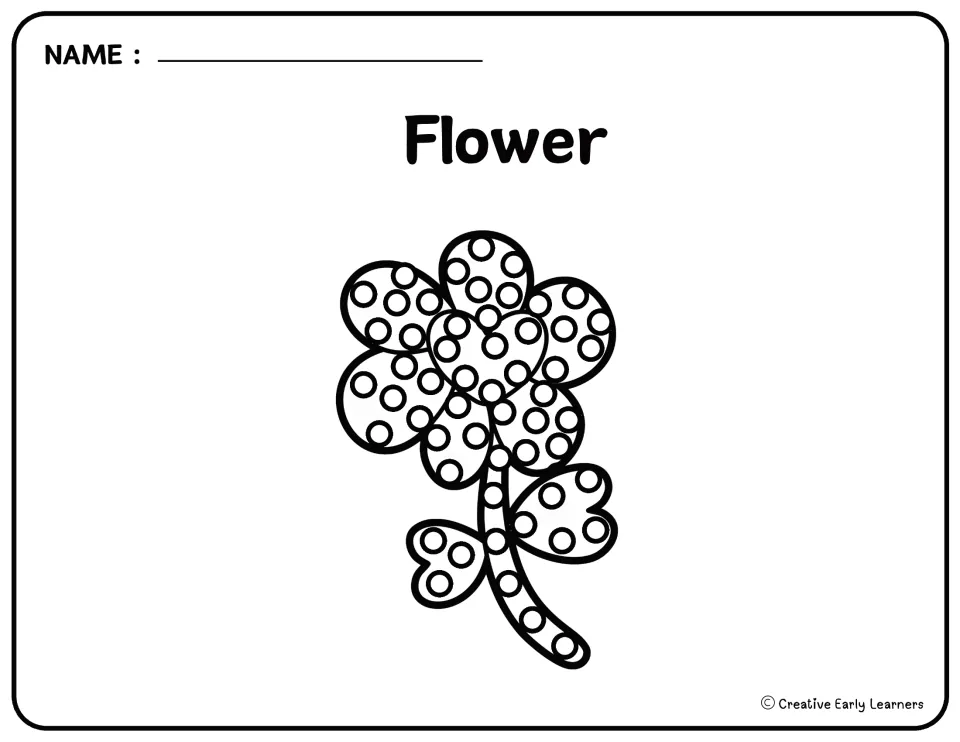 Valentine's Day Q-tip painting template labeled 'Flower' shows a flower with a heart center and circles to paint.