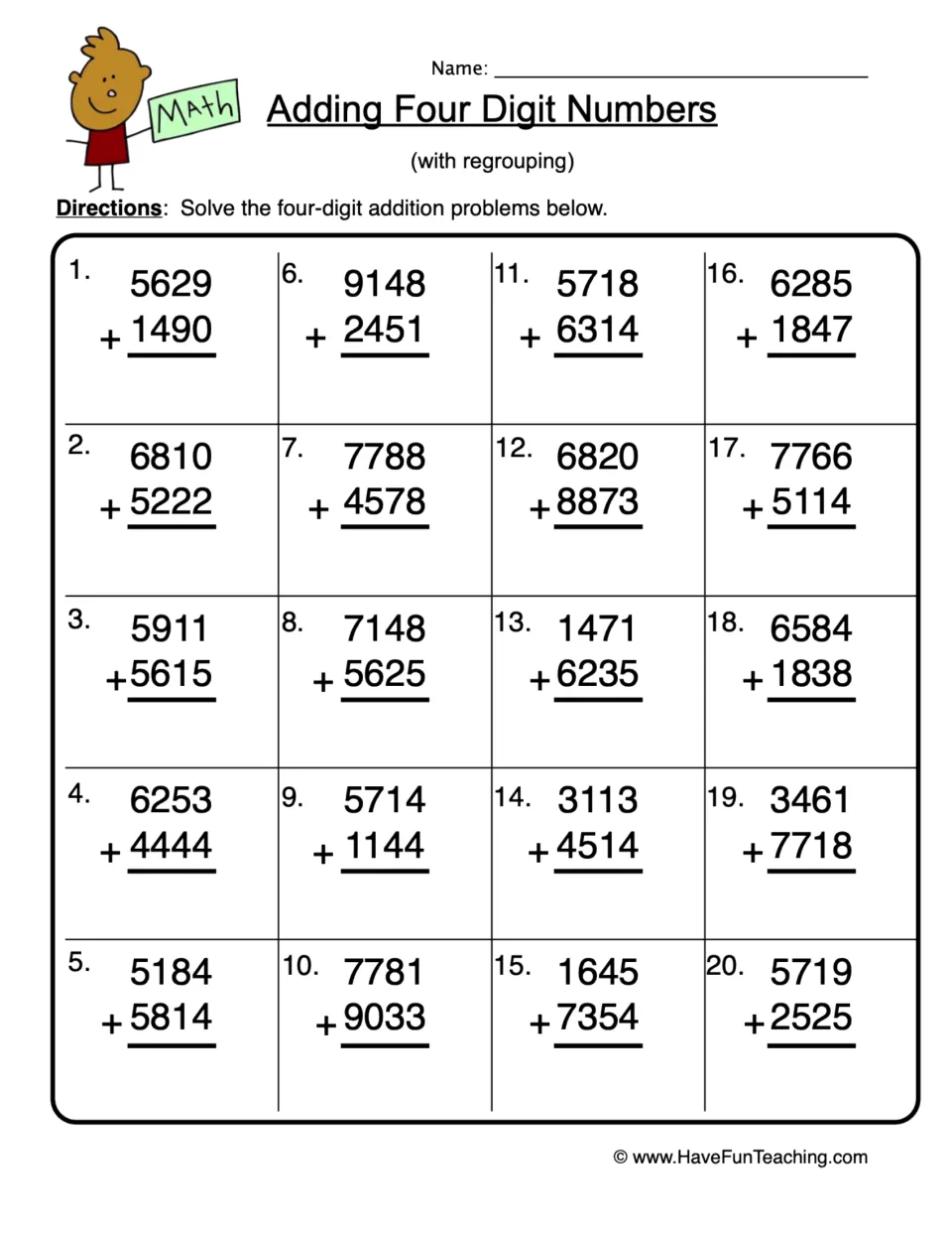 Adding Four Digit Numbers with regrouping: students solve 20 vertical addition problems such as 5629 + 1490