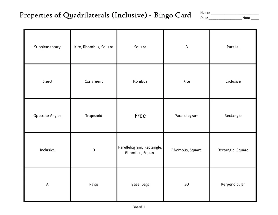 Quadrilateral bingo board 1: supplementary, bisect, congruent, opposite angles, and a free center space
