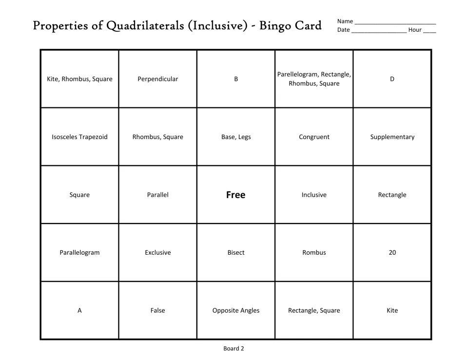 Quadrilateral bingo board 2: perpendicular, isosceles trapezoid, base, legs, and a free center space