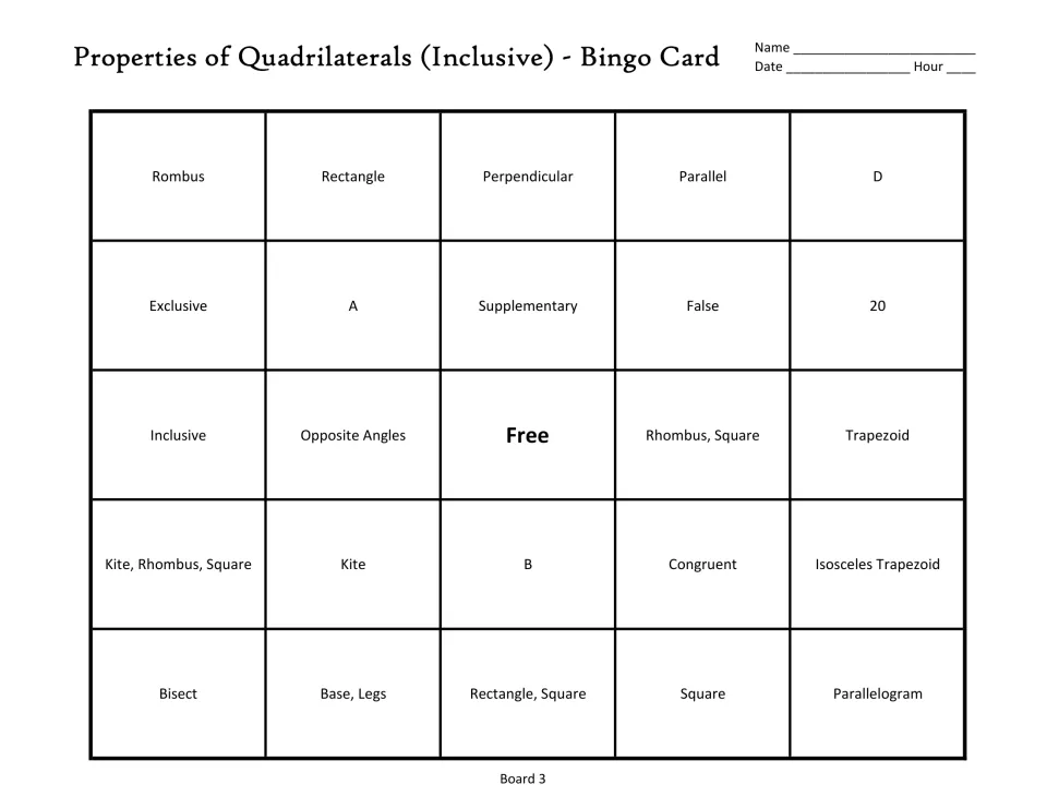 Quadrilateral bingo board 3: rectangle, parallel, supplementary, kite, and a free center space