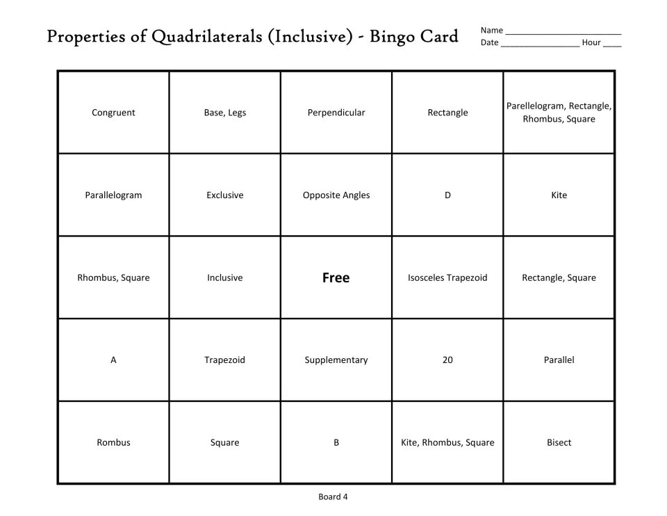 Quadrilateral bingo board 4: congruent, opposite angles, trapezoid, square, and a free center space