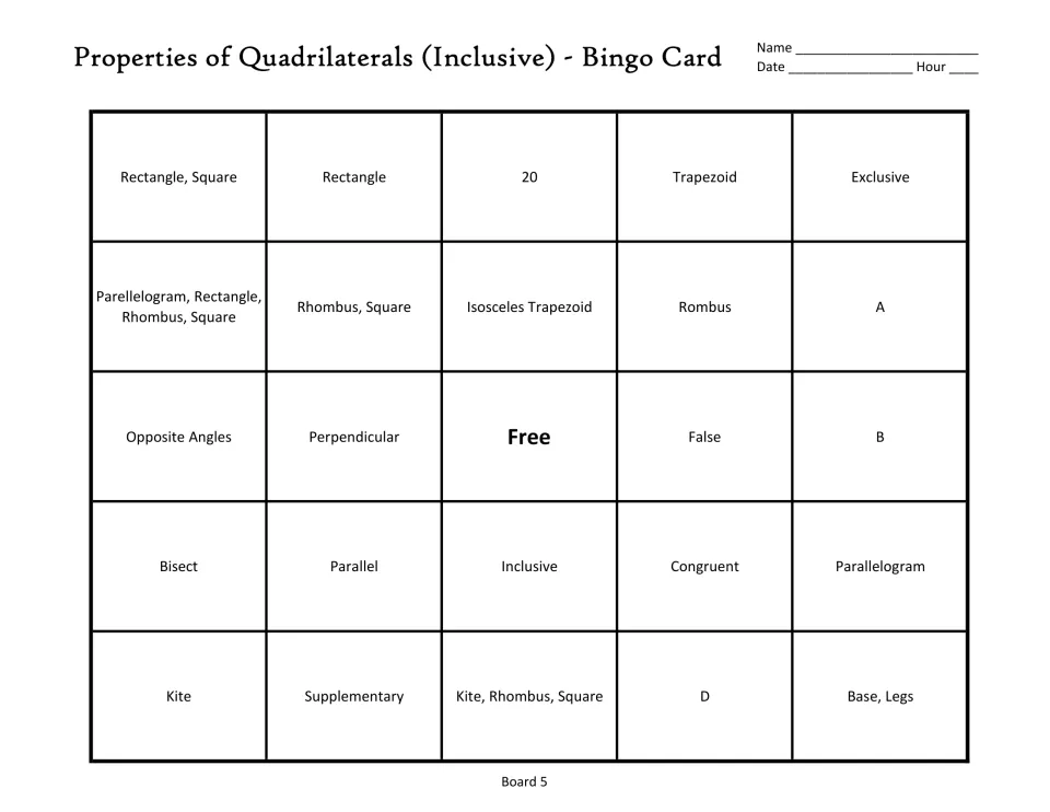 Quadrilateral bingo board 5: rectangle, trapezoid, perpendicular, bisect, and a free center space