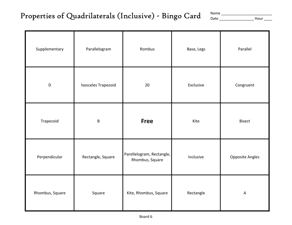 Quadrilateral bingo board 6: parallelogram, isosceles trapezoid, kite, and a free center space
