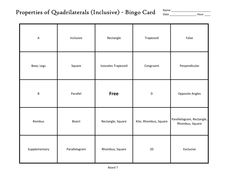 Quadrilateral bingo board 7: inclusive, exclusive, rectangle, opposite angles, and a free center space