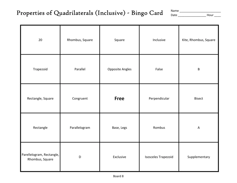 Quadrilateral bingo board 8: square, parallel, congruent, perpendicular, and a free center space