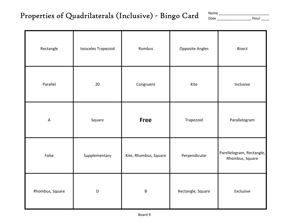 Quadrilateral bingo board 9: isosceles trapezoid, bisect, kite, supplementary, and a free center space