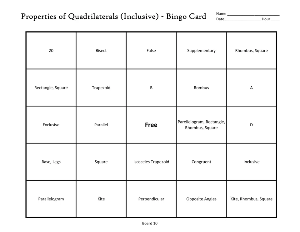 Quadrilateral bingo board 10: supplementary, trapezoid, parallel, congruent, and a free center space
