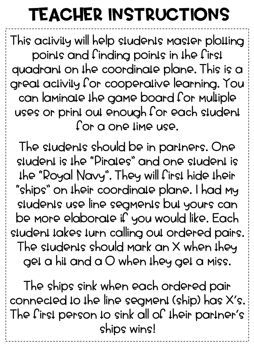 Teacher instructions: partners plot first-quadrant points as Pirates vs. Royal Navy, marking X for hits and O for misses