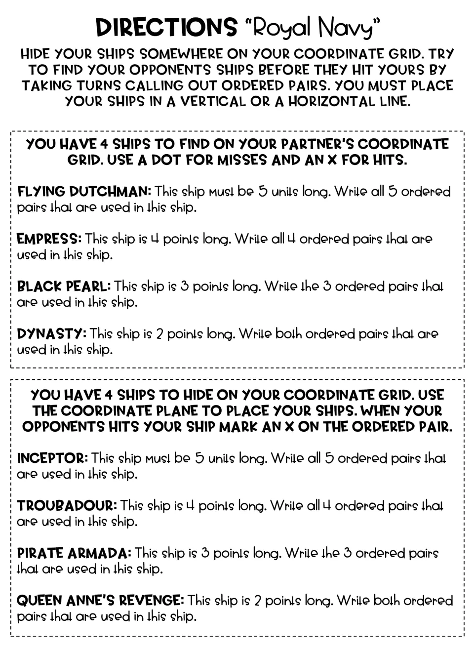 Royal Navy directions: students write ordered pairs for 4 ships to find and 4 to hide, like Flying Dutchman and Inceptor