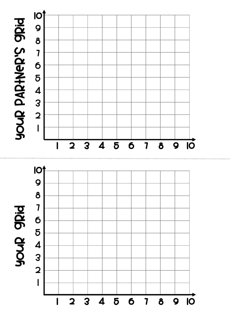 Game board: two first-quadrant planes labeled Your Partner's Grid and Your Grid for plotting ships and tracking shots
