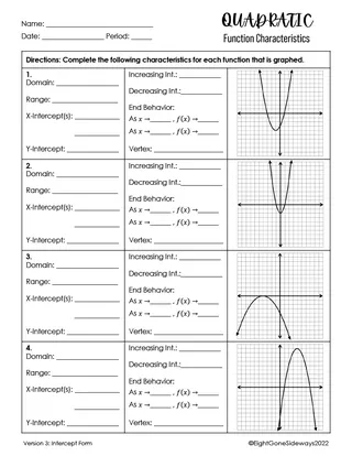 Quadratic Characteristics Worksheet – Intercept Form – sample page 2