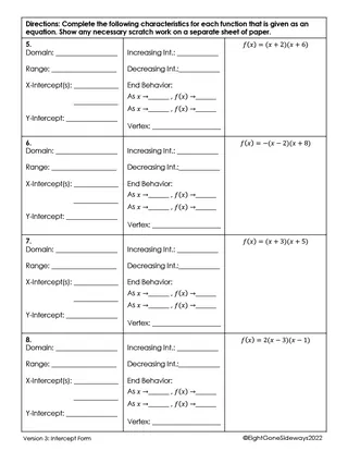 Quadratic Characteristics Worksheet – Intercept Form – sample page 3