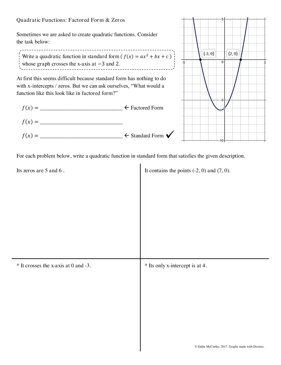 Guided notes on quadratic zeros: example intercepts −3 and 2, followed by four standard-form practice problems.