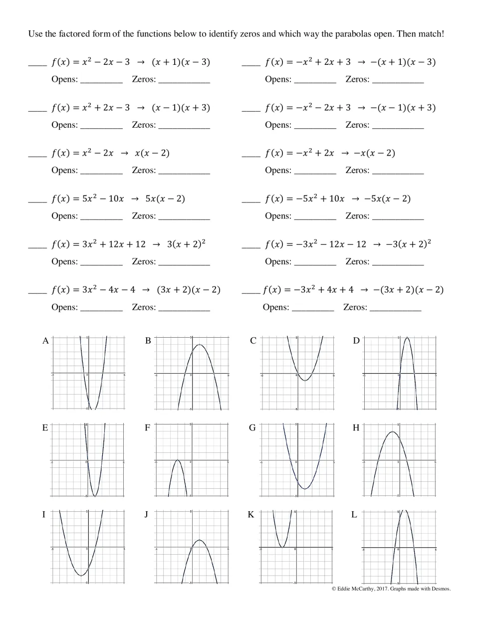 Practice matching 12 quadratic functions to graphs A–L by identifying their zeros and opening directions.