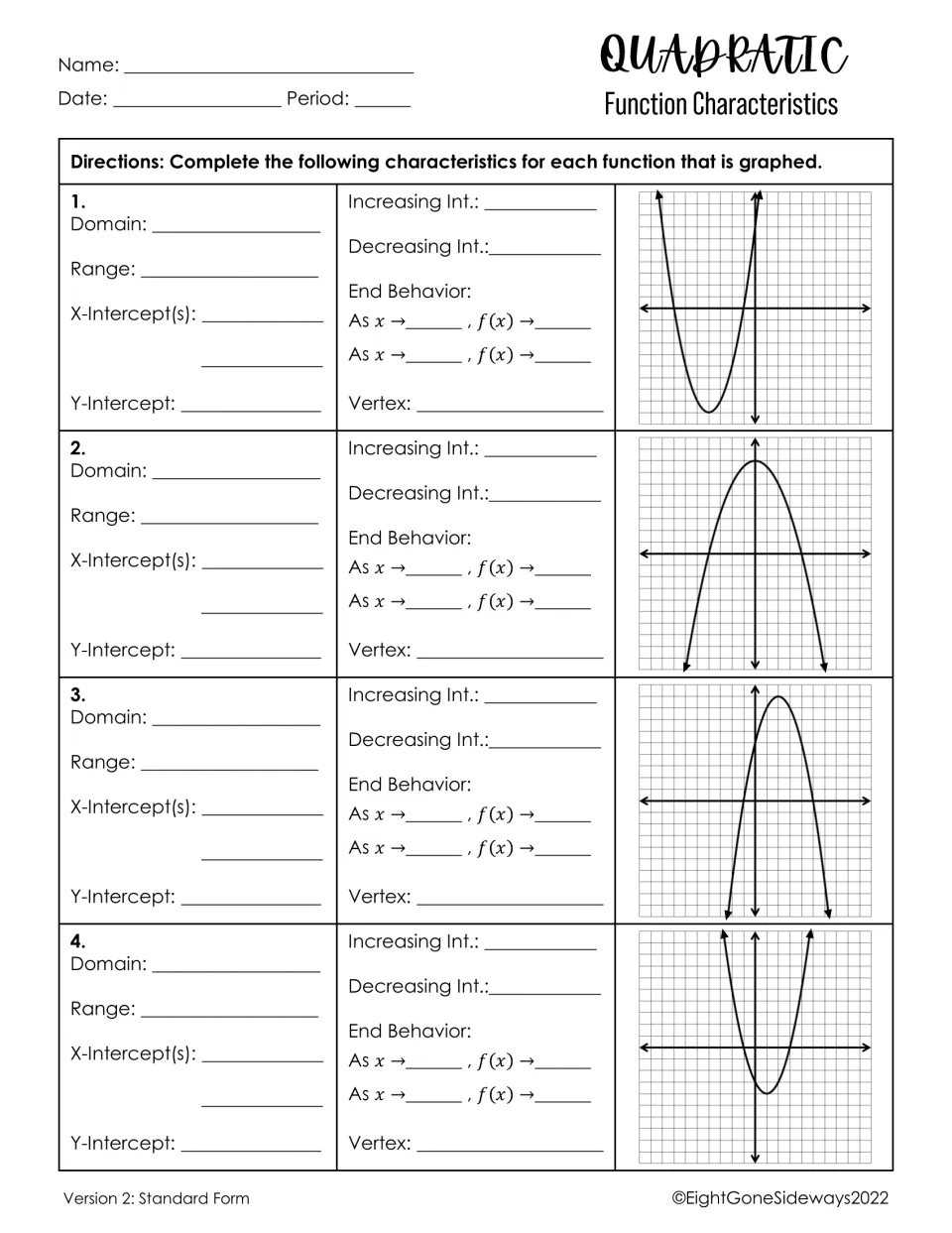 Quadratic function characteristics: students use 4 graphed parabolas to find domain, range, intercepts and vertex